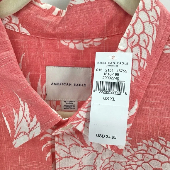 American Eagle Men’s Hawaiian Pineapple Coral Short Sleeve Shirt NWT Size XL - Picture 5 of 7